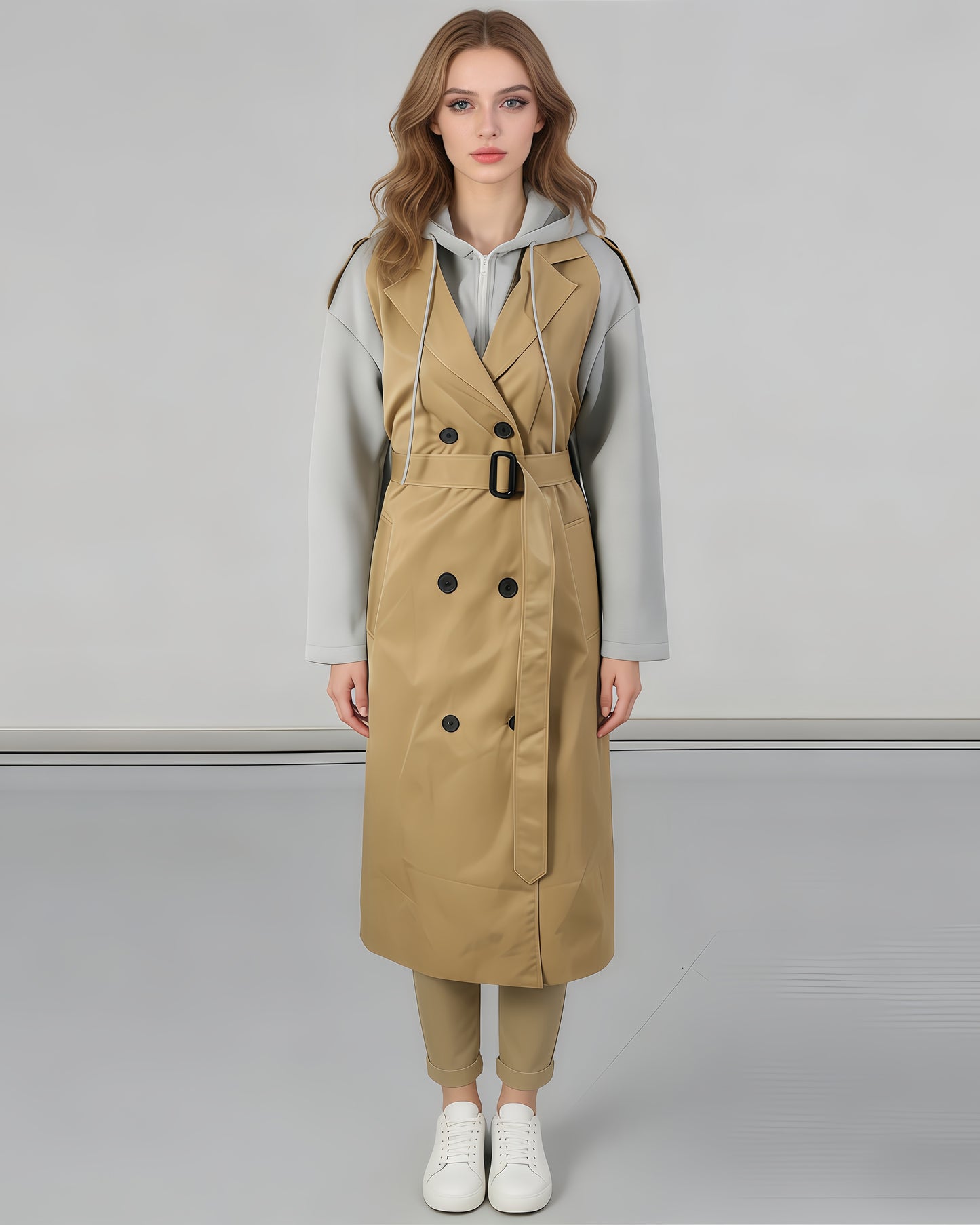 Khaki Trench-Hoodie Combo Coat with Belt