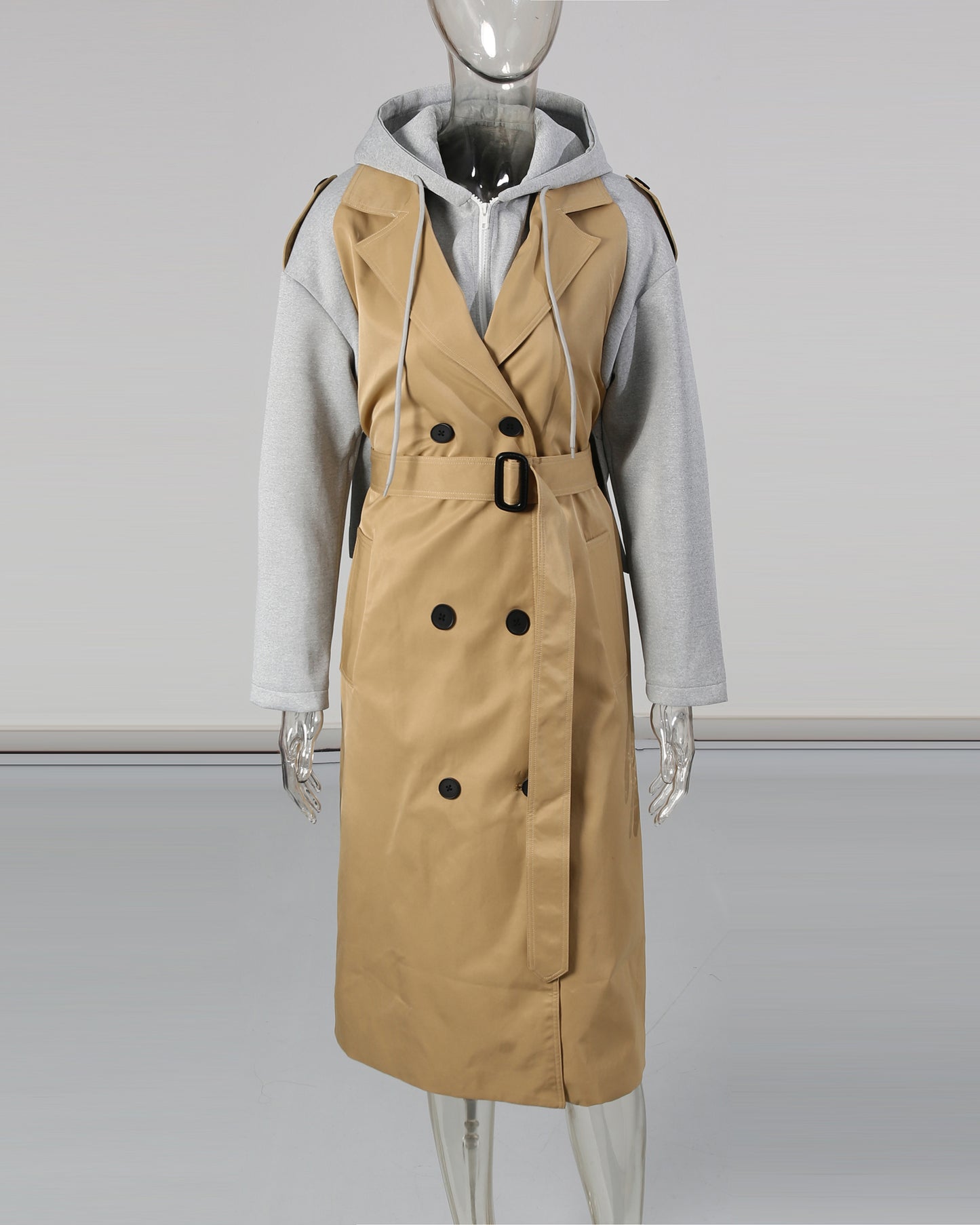 Khaki Trench-Hoodie Combo Coat with Belt