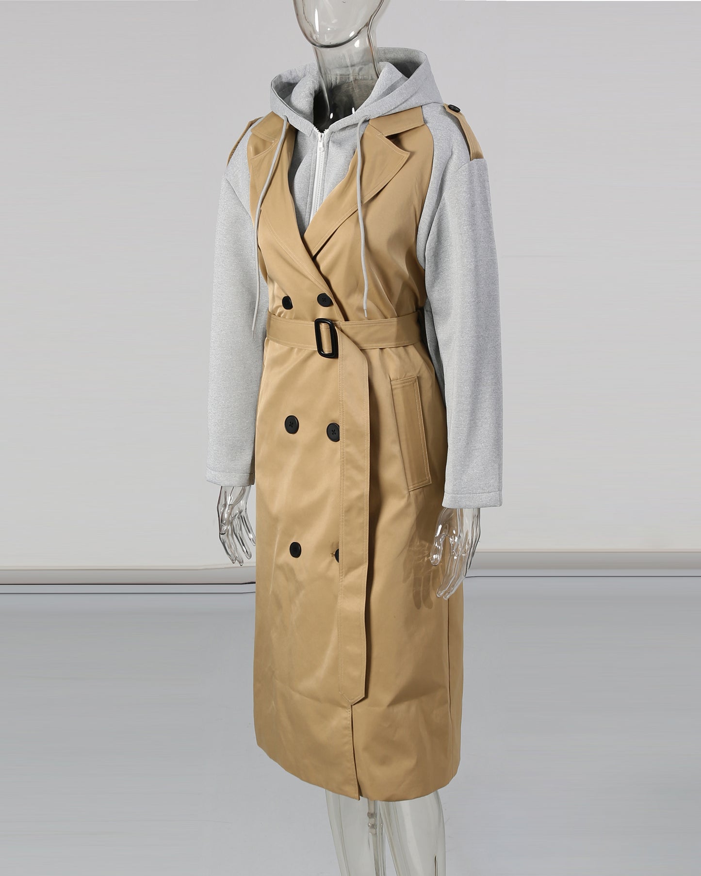 Khaki Trench-Hoodie Combo Coat with Belt