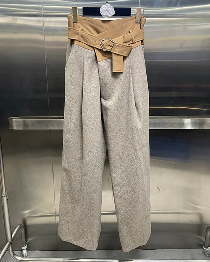 Khaki Wide-Leg Trousers with Contrast Belt