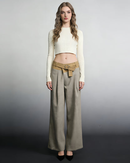 Khaki Wide-Leg Trousers with Contrast Belt