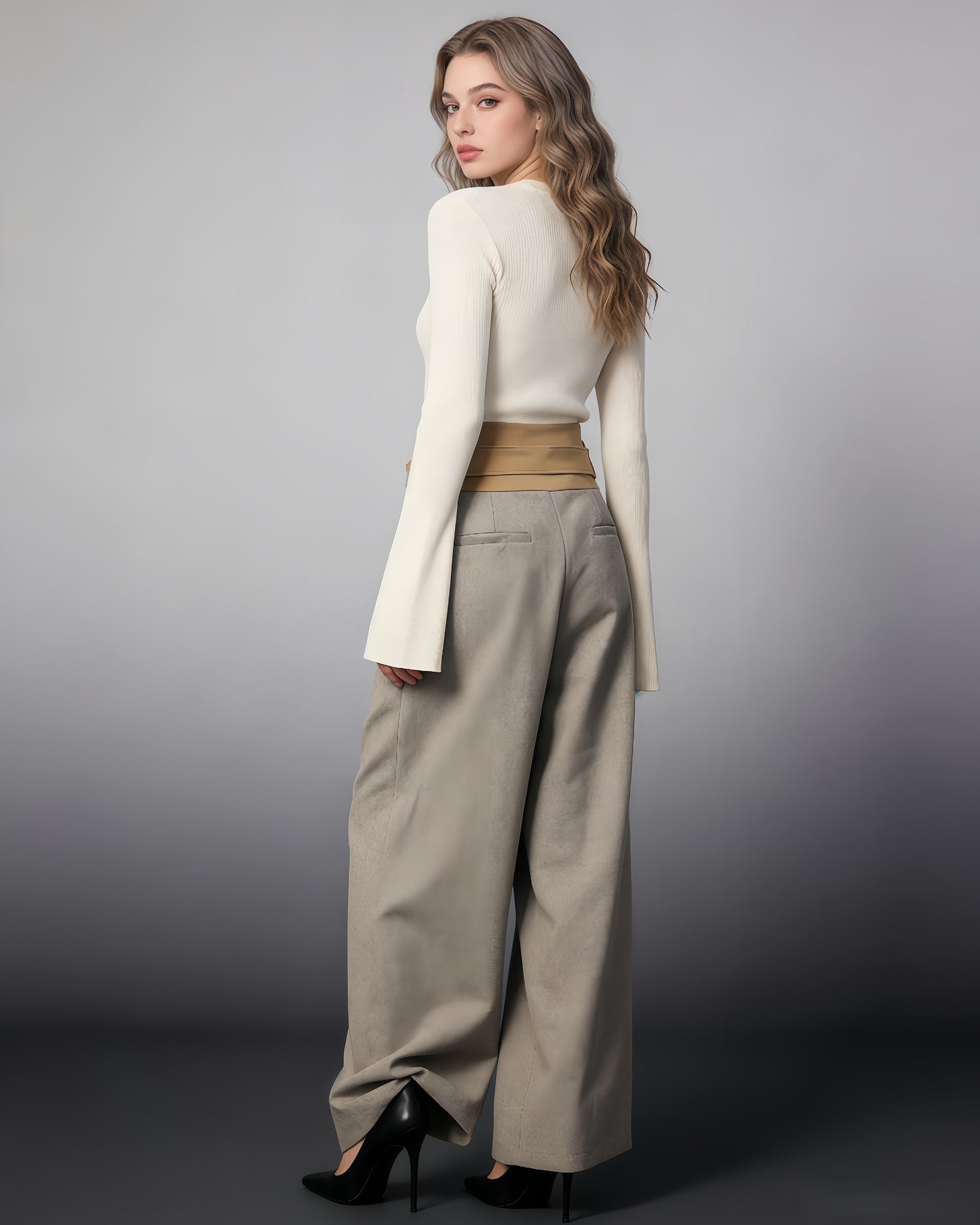 Khaki Wide-Leg Trousers with Contrast Belt