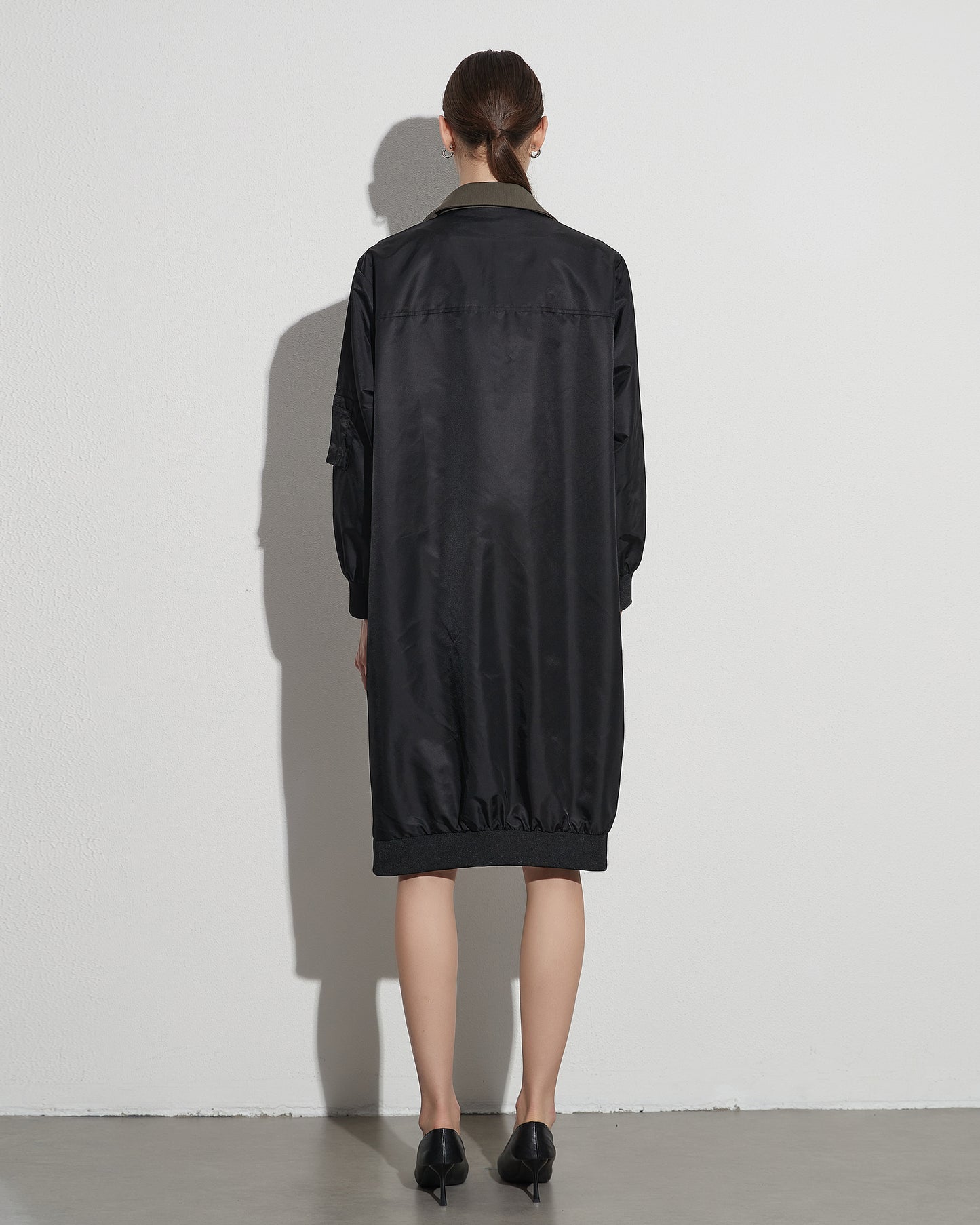 Khaki Double-Breasted Coat with Black Contrast Sleeves