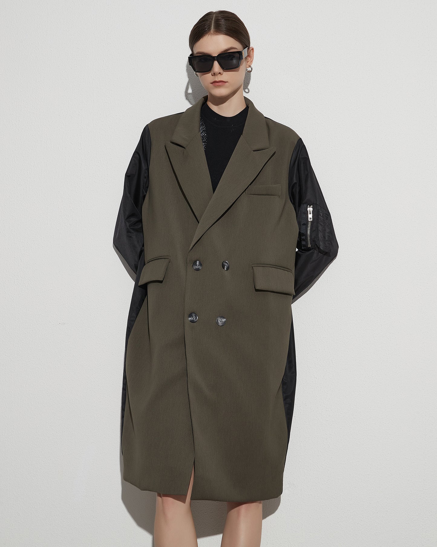 Khaki Double-Breasted Coat with Black Contrast Sleeves