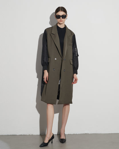 Khaki Double-Breasted Coat with Black Contrast Sleeves