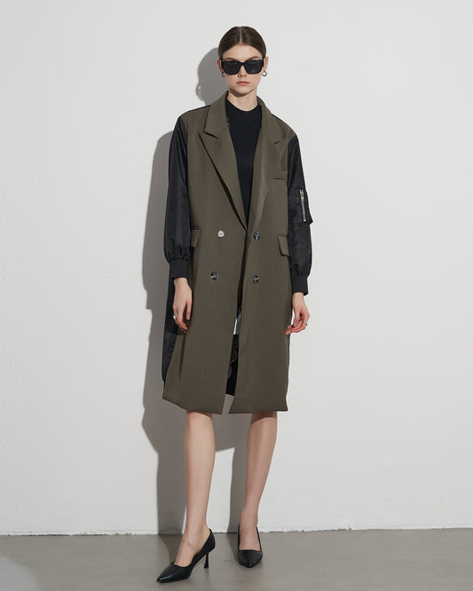 Khaki Double-Breasted Coat with Black Contrast Sleeves