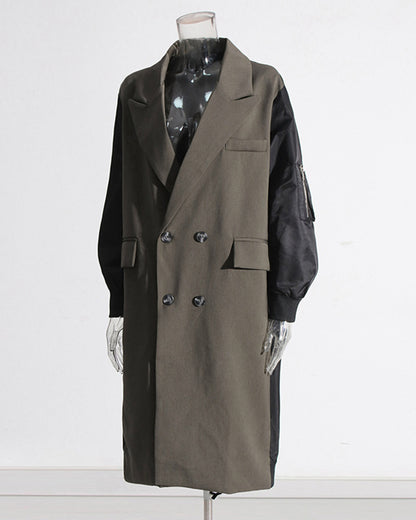 Khaki Double-Breasted Coat with Black Contrast Sleeves
