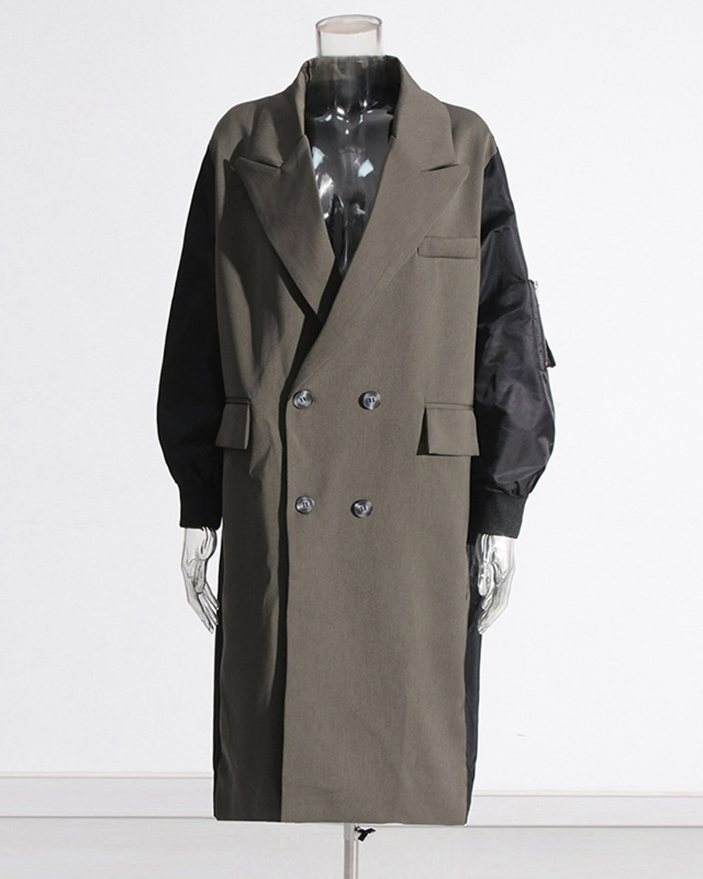 Khaki Double-Breasted Coat with Black Contrast Sleeves