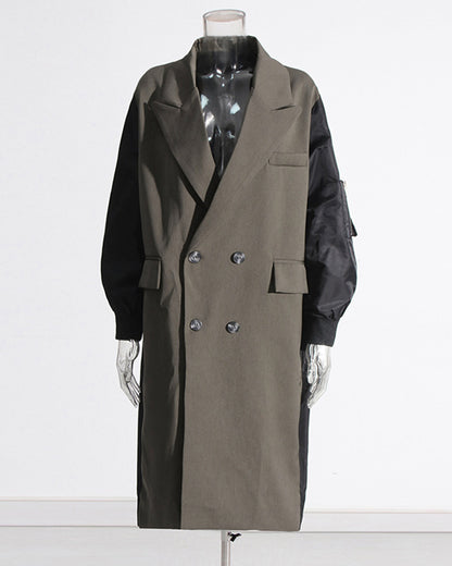 Khaki Double-Breasted Coat with Black Contrast Sleeves