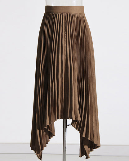Khaki Pleated Asymmetrical Midi Skirt