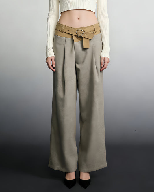 Khaki Wide-Leg Trousers with Contrast Belt