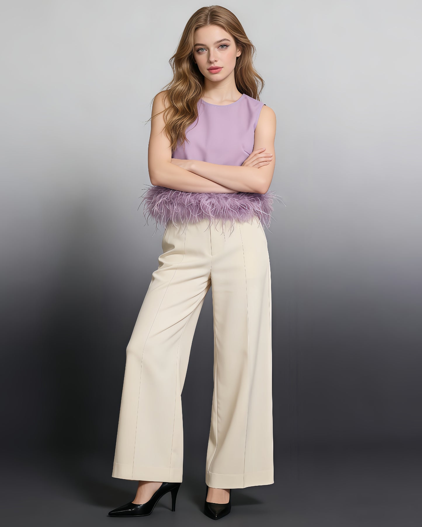 Lavender Sleeveless Top with Feather Hem
