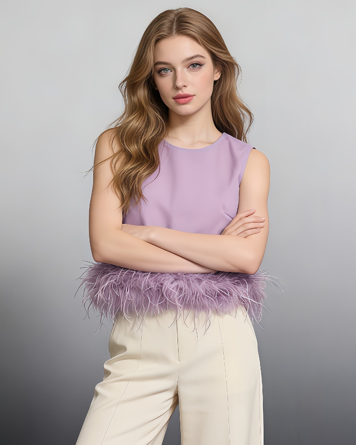 Lavender Sleeveless Top with Feather Hem