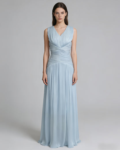 Light Blue V-Neck Ruched Waist Shiny Maxi Dress