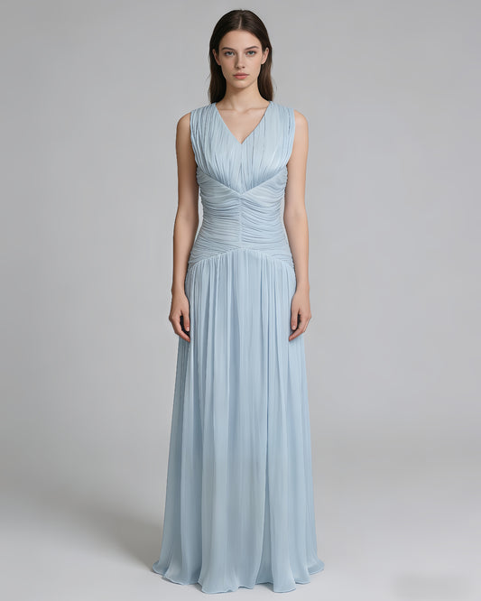 Light Blue V-Neck Ruched Waist Shiny Maxi Dress