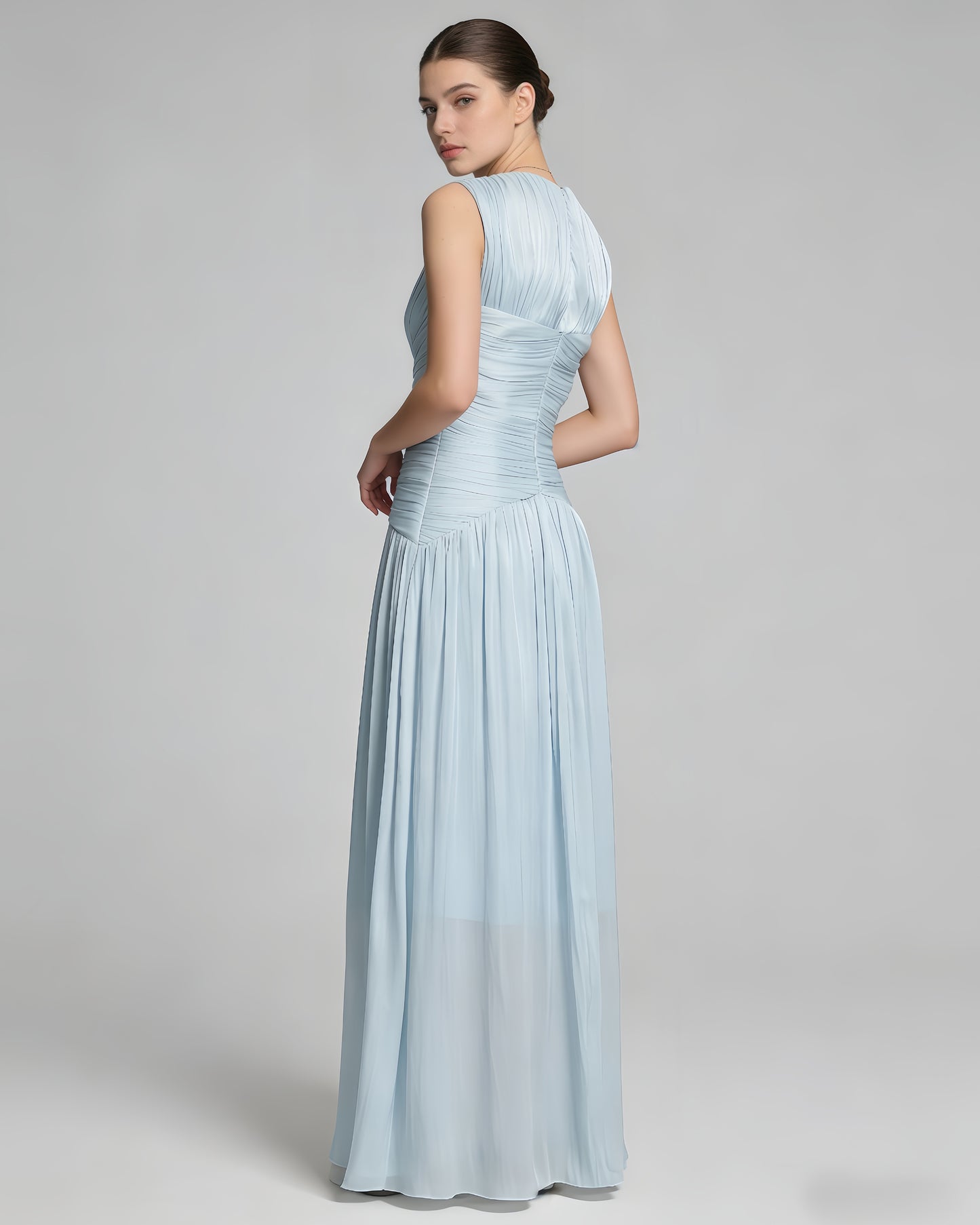 Light Blue V-Neck Ruched Waist Shiny Maxi Dress