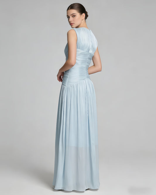 Light Blue V-Neck Ruched Waist Shiny Maxi Dress