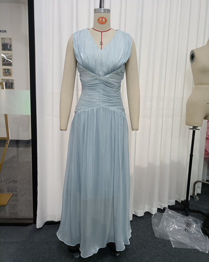 Light Blue V-Neck Ruched Waist Shiny Maxi Dress