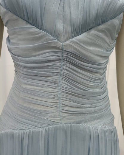 Light Blue V-Neck Ruched Waist Shiny Maxi Dress