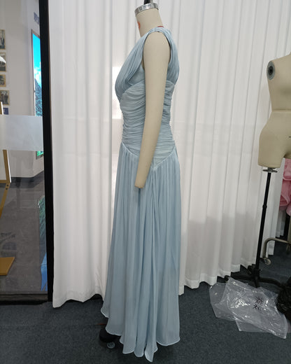 Light Blue V-Neck Ruched Waist Shiny Maxi Dress