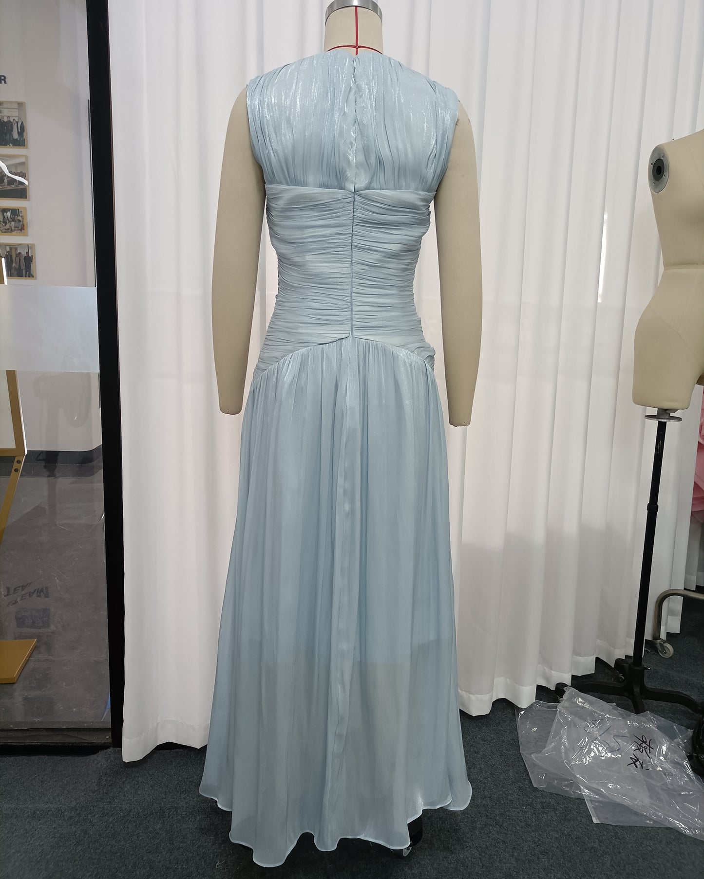 Light Blue V-Neck Ruched Waist Shiny Maxi Dress
