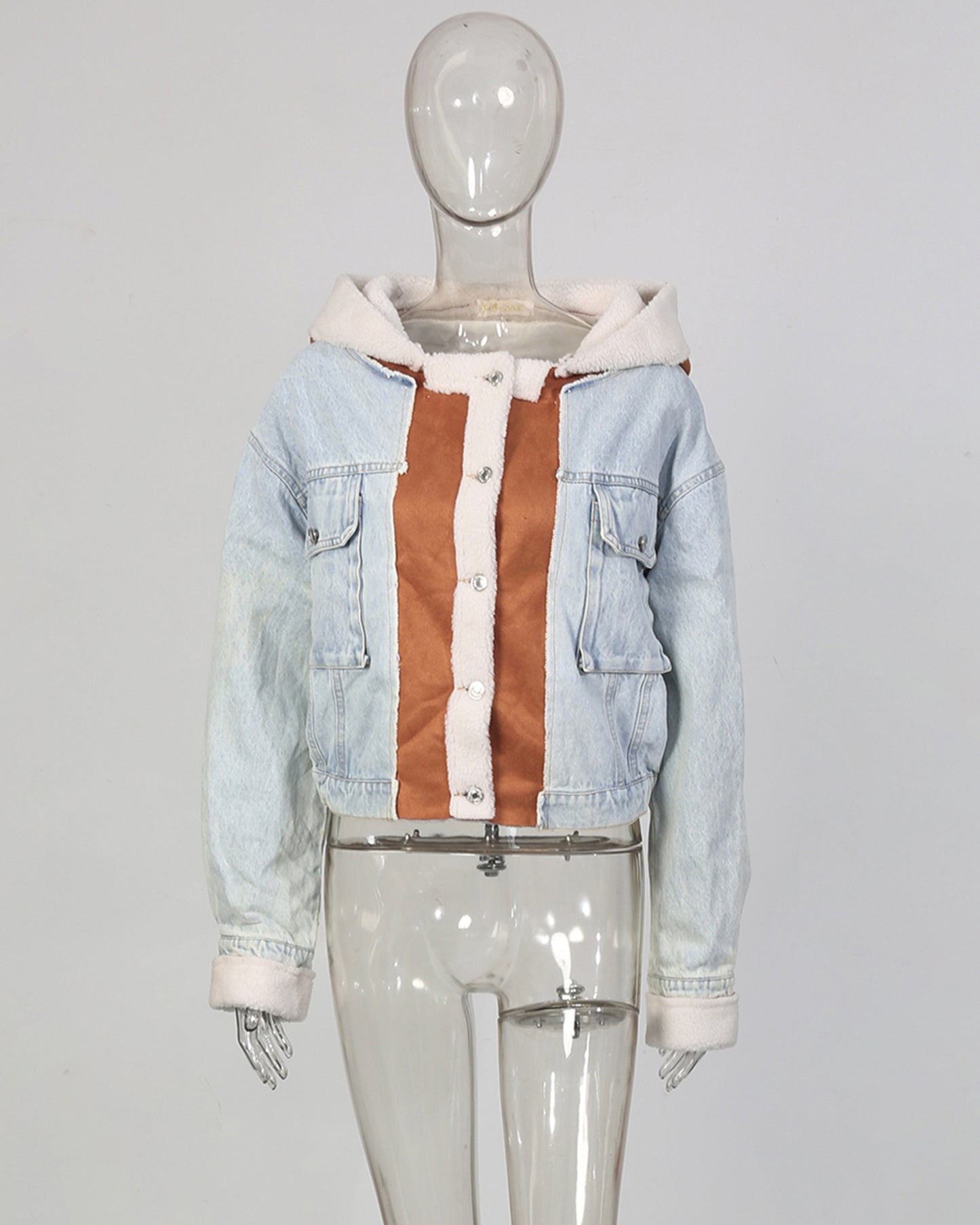 Light Denim Hooded Jacket with Shearling & Suede