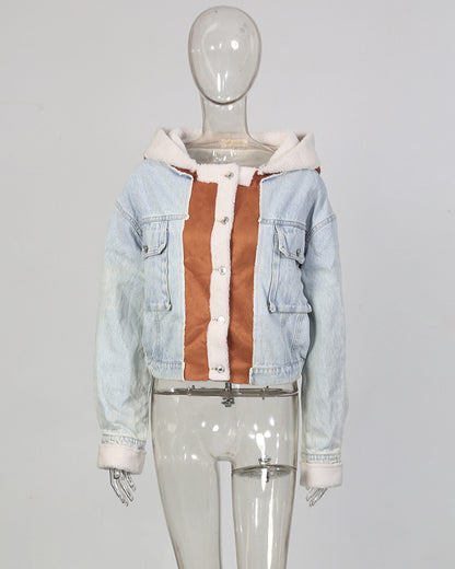 Light Denim Hooded Jacket with Shearling & Suede