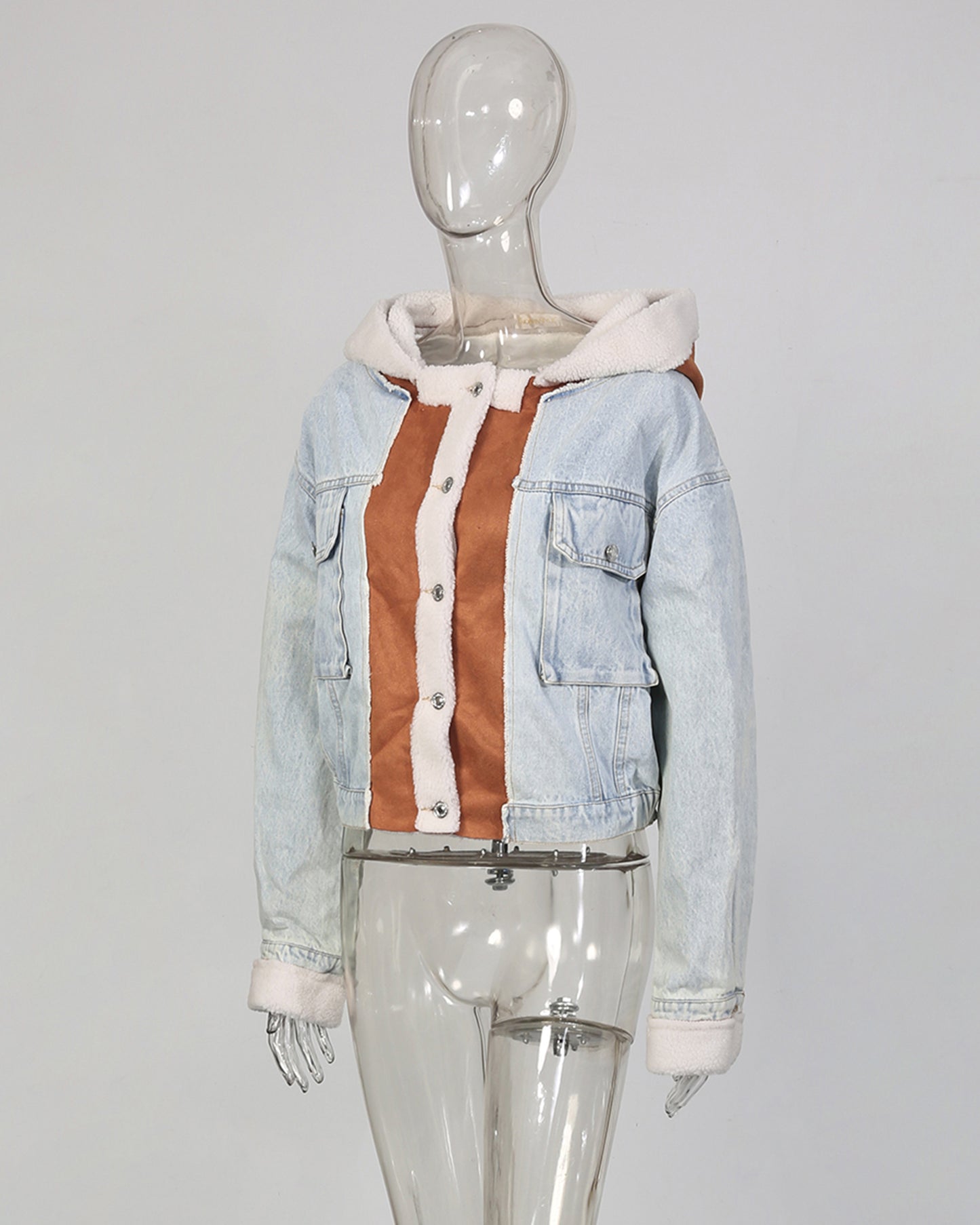 Light Denim Hooded Jacket with Shearling & Suede