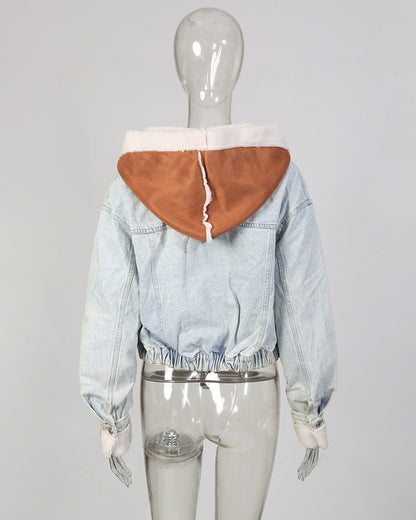 Light Denim Hooded Jacket with Shearling & Suede
