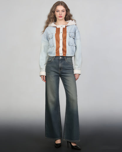 Light Denim Hooded Jacket with Shearling & Suede