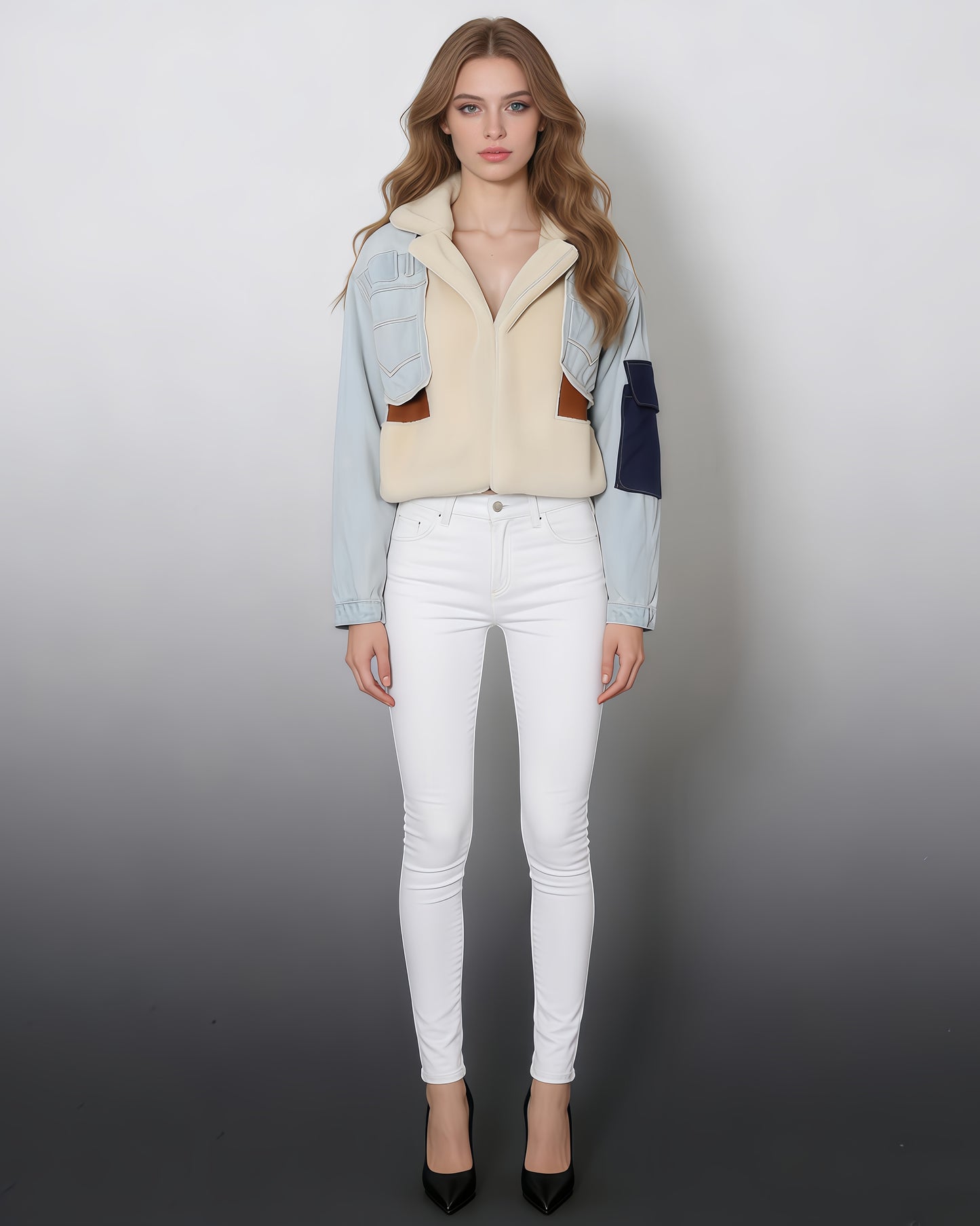 Light Denim Shearling Cropped Jacket with Patch Accents