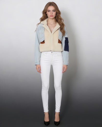 Light Denim Shearling Cropped Jacket with Patch Accents