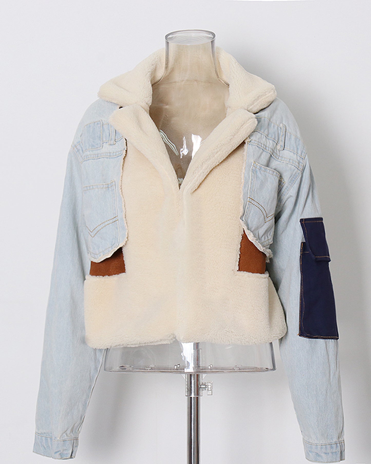Light Denim Shearling Cropped Jacket with Patch Accents