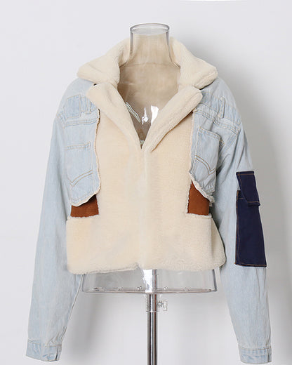 Light Denim Shearling Cropped Jacket with Patch Accents