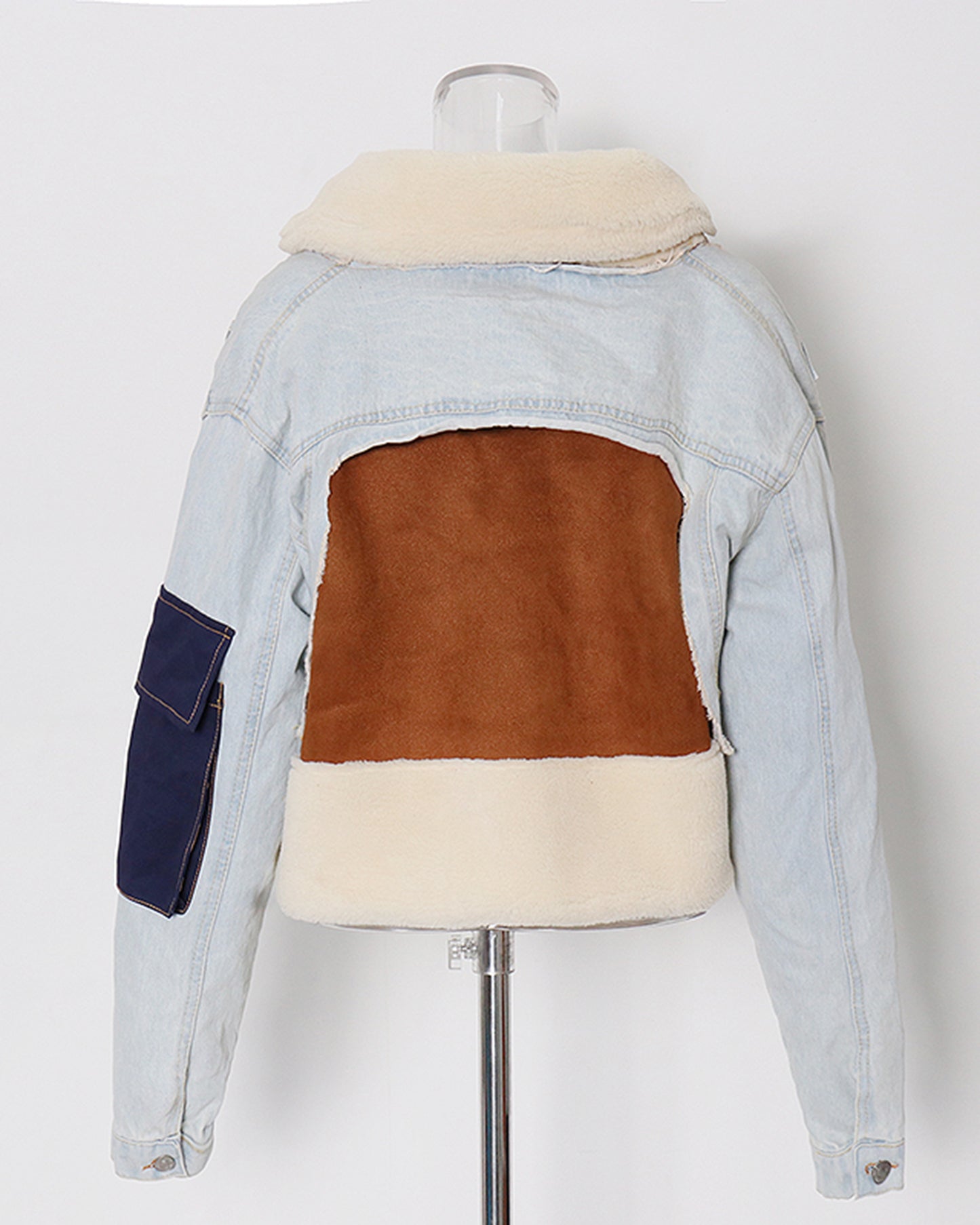 Light Denim Shearling Cropped Jacket with Patch Accents