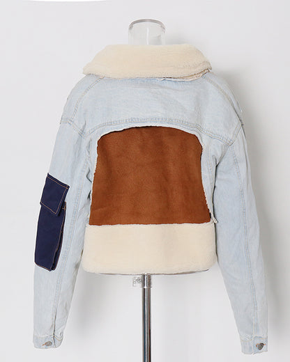 Light Denim Shearling Cropped Jacket with Patch Accents