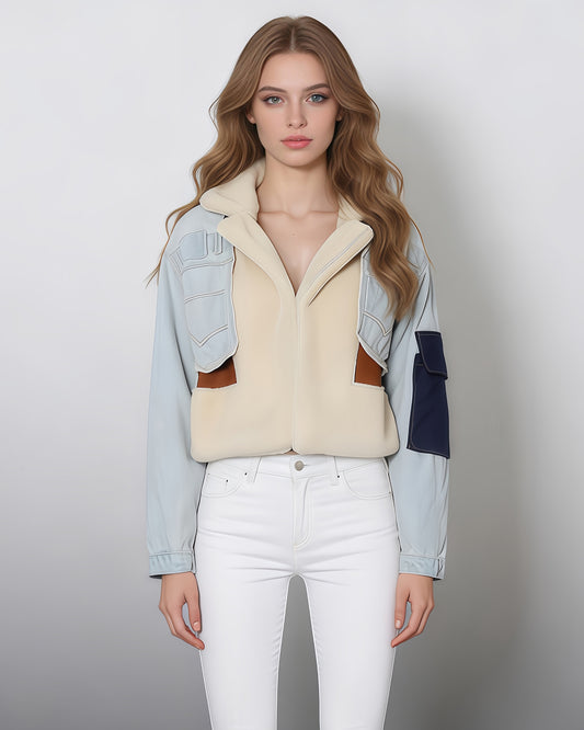 Light Denim Shearling Cropped Jacket with Patch Accents