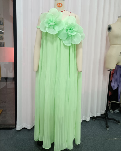 Light Green 3D Floral Pleated Maxi Dress
