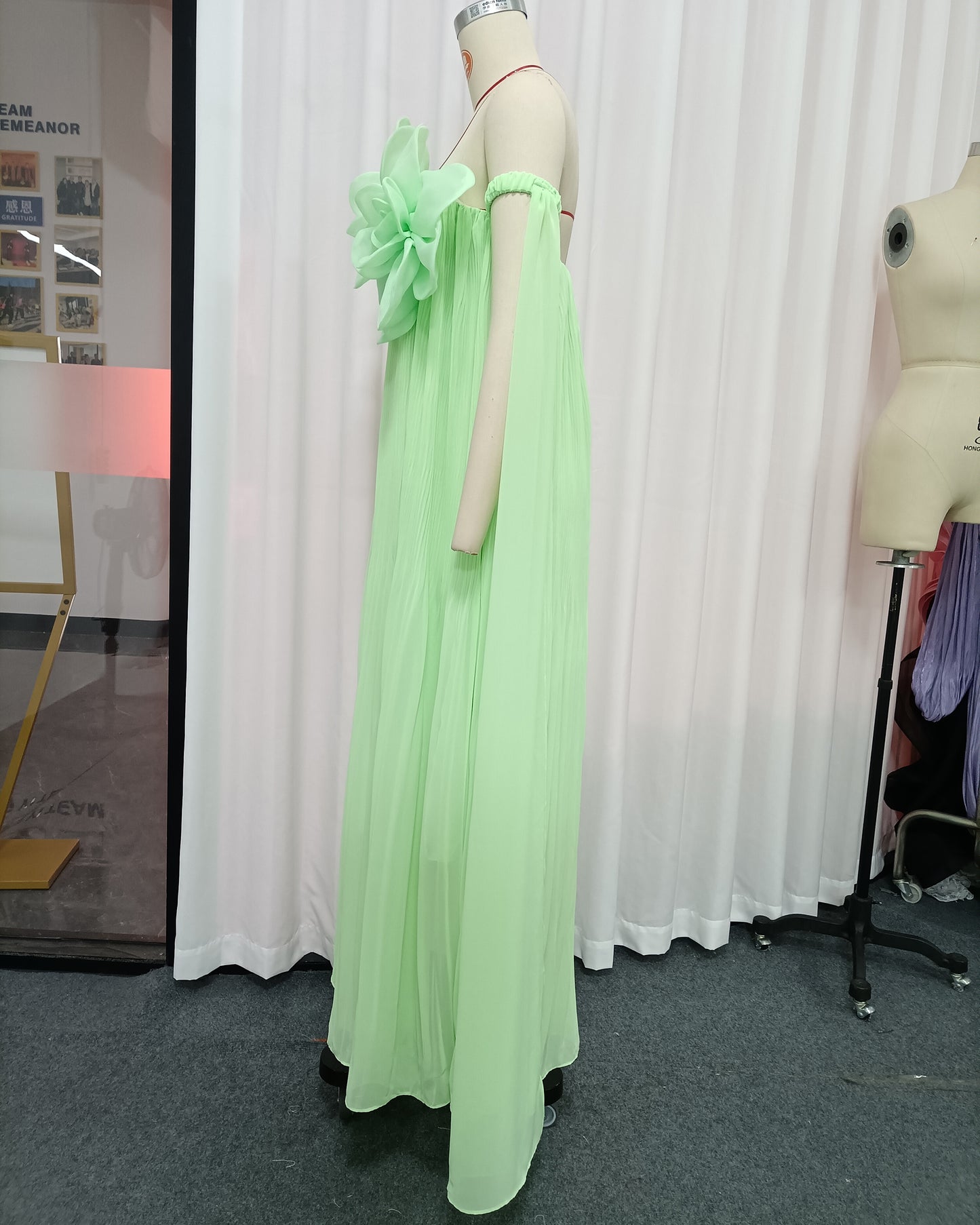 Light Green 3D Floral Pleated Maxi Dress