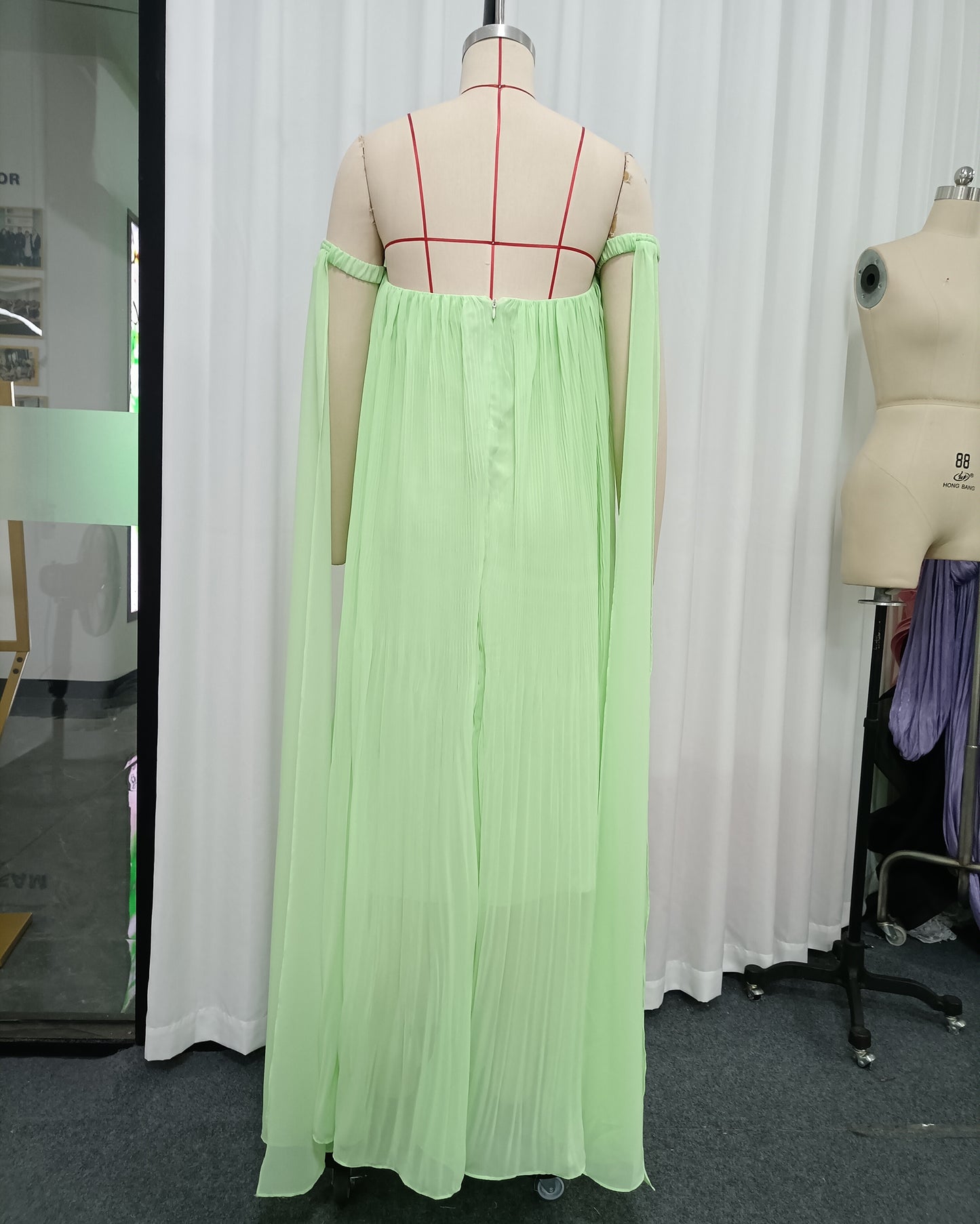 Light Green 3D Floral Pleated Maxi Dress