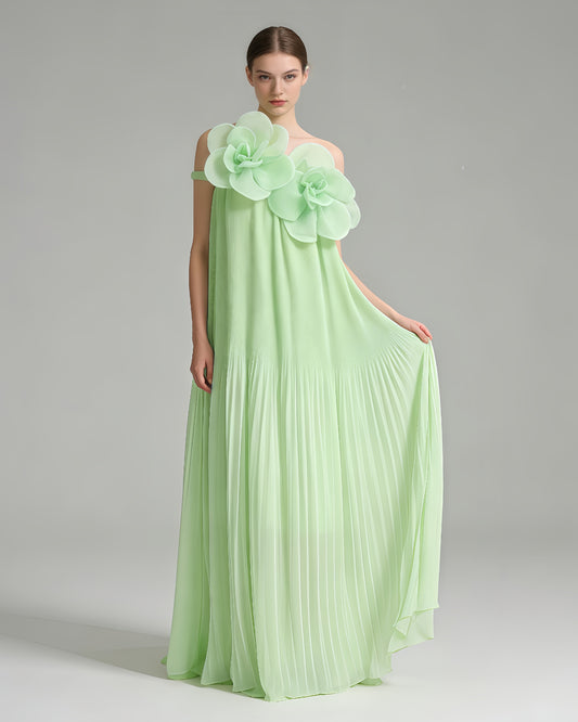 Light Green 3D Floral Pleated Maxi Dress