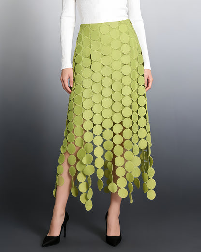 Light Green Disc-Embellished Fringe Midi Skirt
