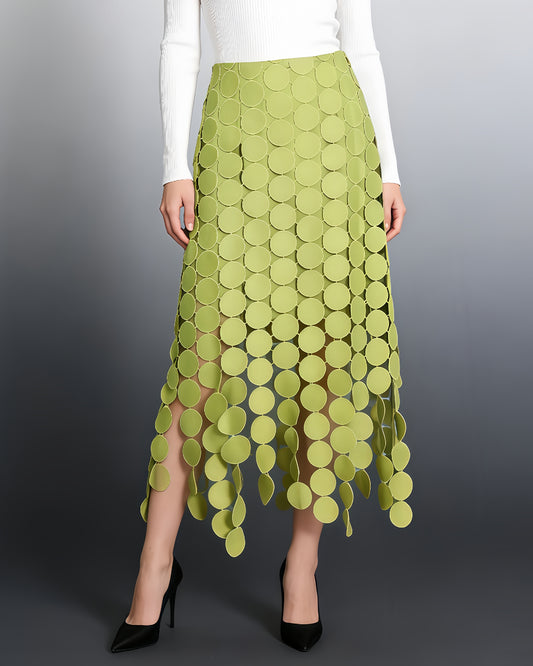 Light Green Disc-Embellished Fringe Midi Skirt