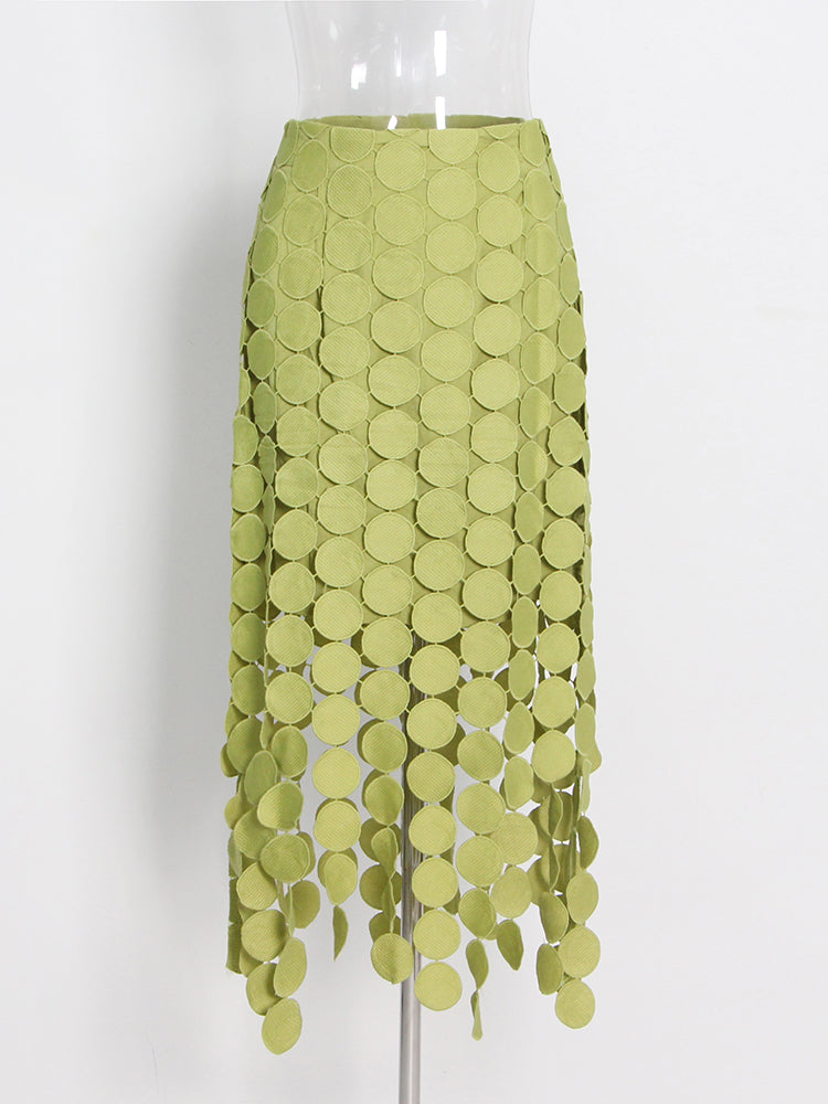 Light Green Disc-Embellished Fringe Midi Skirt