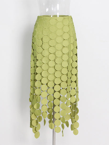 Light Green Disc-Embellished Fringe Midi Skirt
