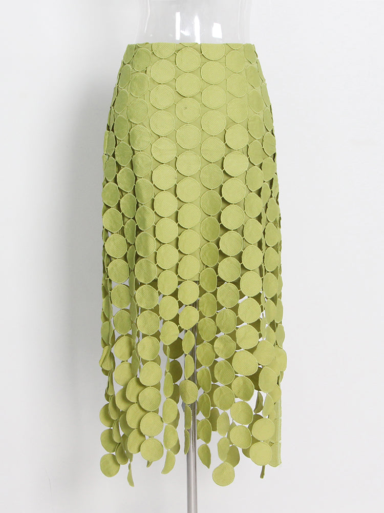 Light Green Disc-Embellished Fringe Midi Skirt