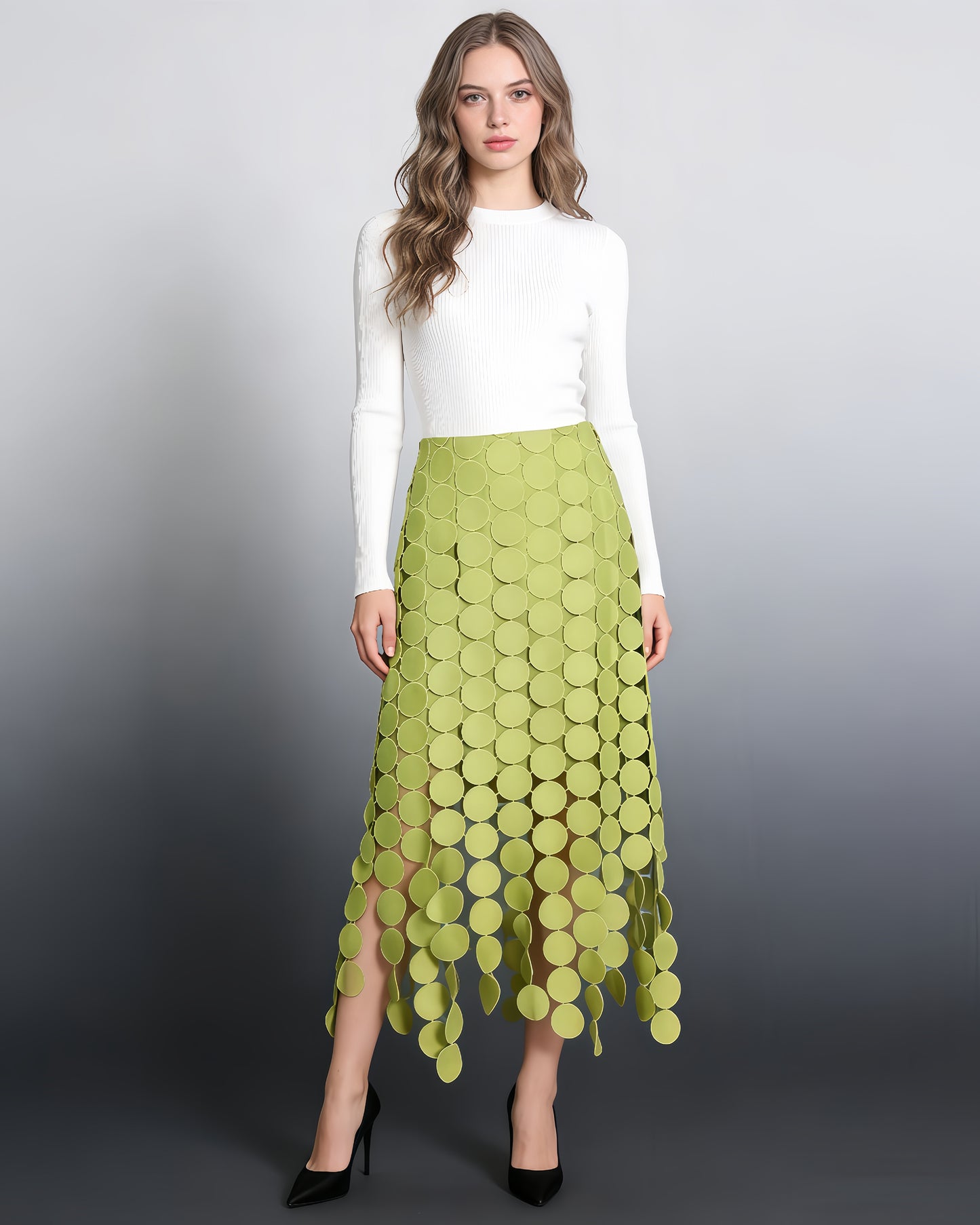 Light Green Disc-Embellished Fringe Midi Skirt