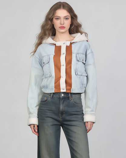 Light Denim Hooded Jacket with Shearling & Suede