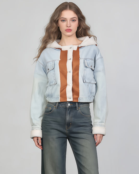 Light Denim Hooded Jacket with Shearling & Suede