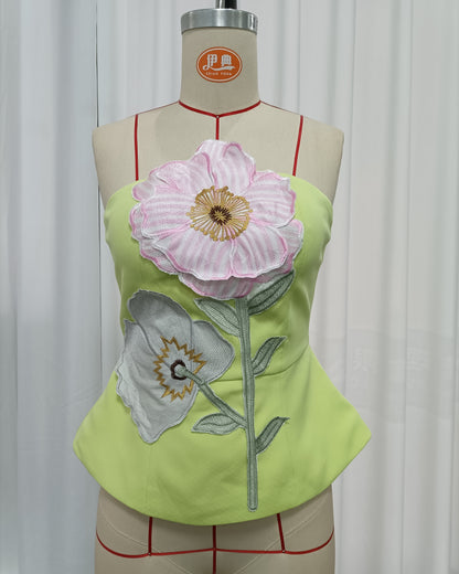 Lime Green Strapless Tunic Embroidery Top